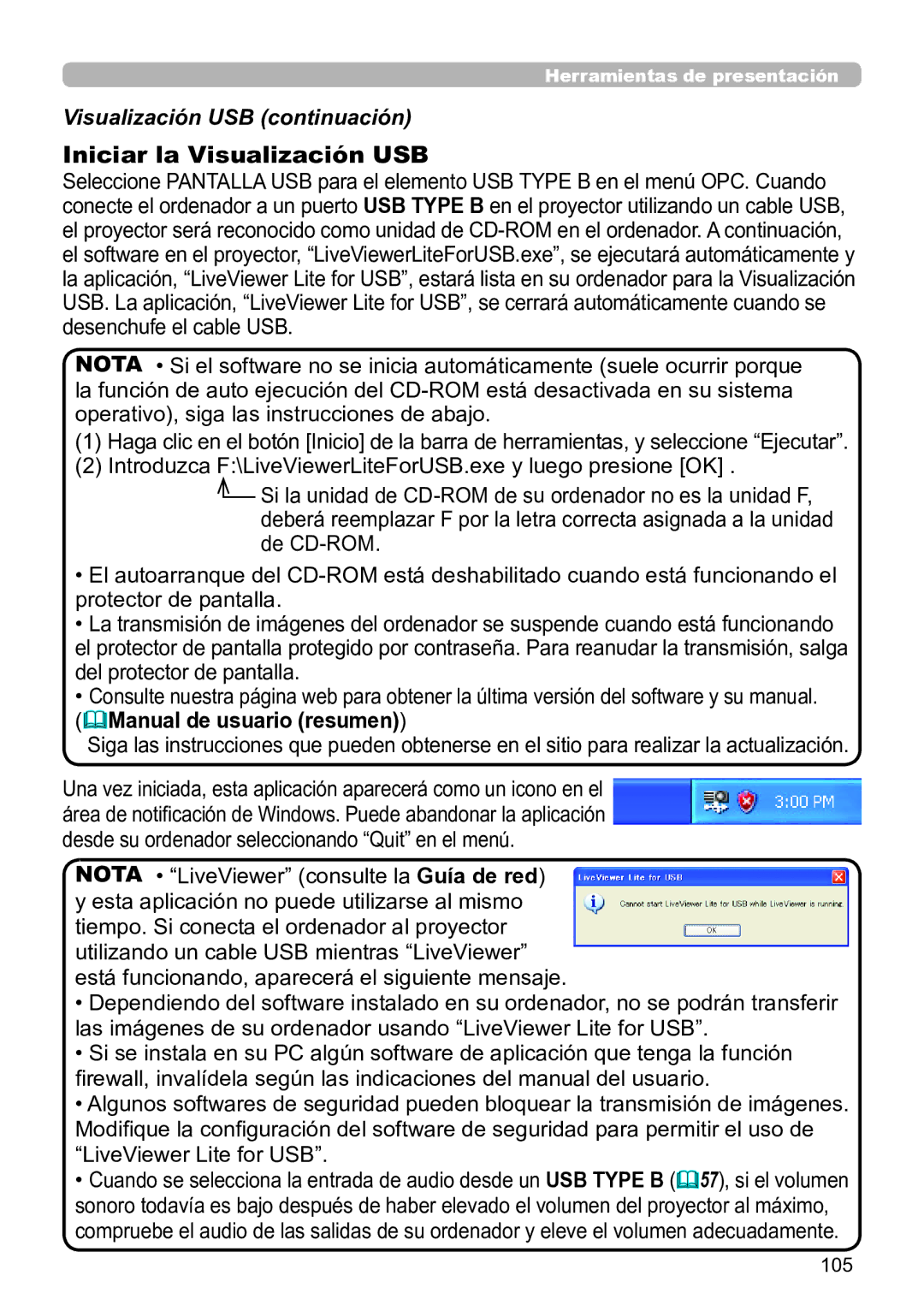 InFocus IN5145C, IN5135C, IN5134C, IN5132C, IN5144C, IN5142C Visualización USB continuación, Manual de usuario resumen, 105 