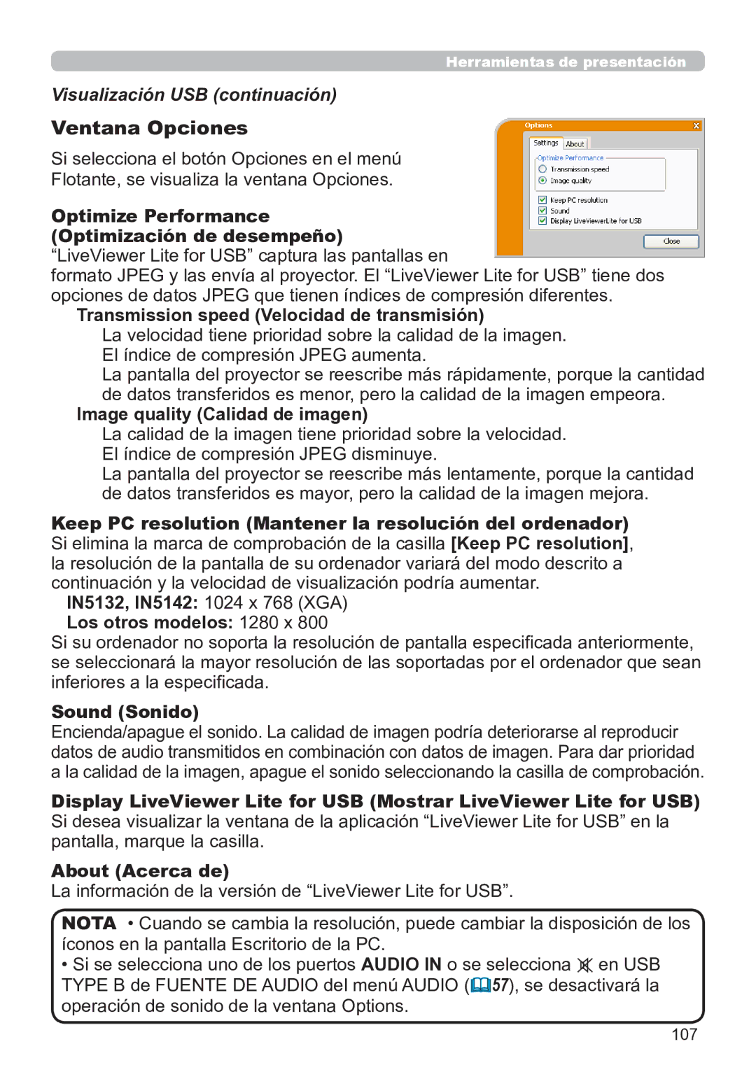 InFocus IN5134C, IN5135C Transmission speed Velocidad de transmisión, Image quality Calidad de imagen, Sound Sonido 