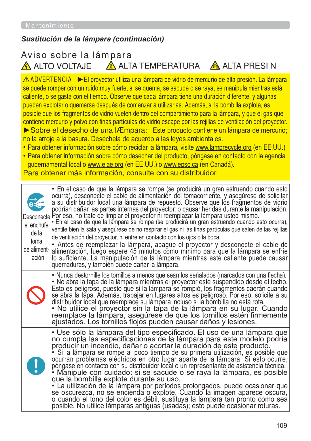 InFocus IN5144C, IN5135C, IN5134C, IN5132C, IN5142C, IN5145C Aviso sobre la lámpara, Sustitución de la lámpara continuación 