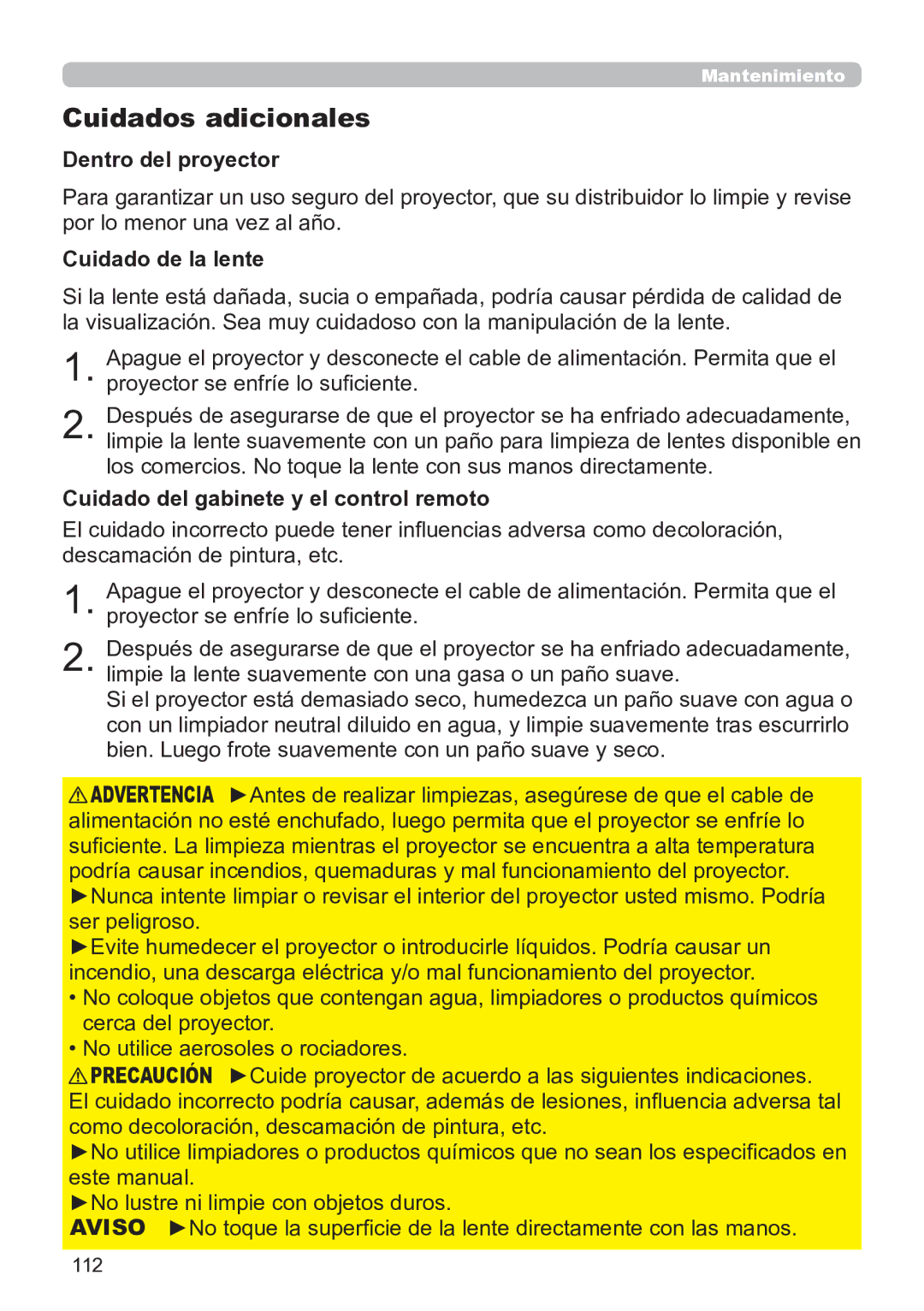 InFocus IN5135C Cuidados adicionales, Dentro del proyector, Cuidado de la lente, Cuidado del gabinete y el control remoto 