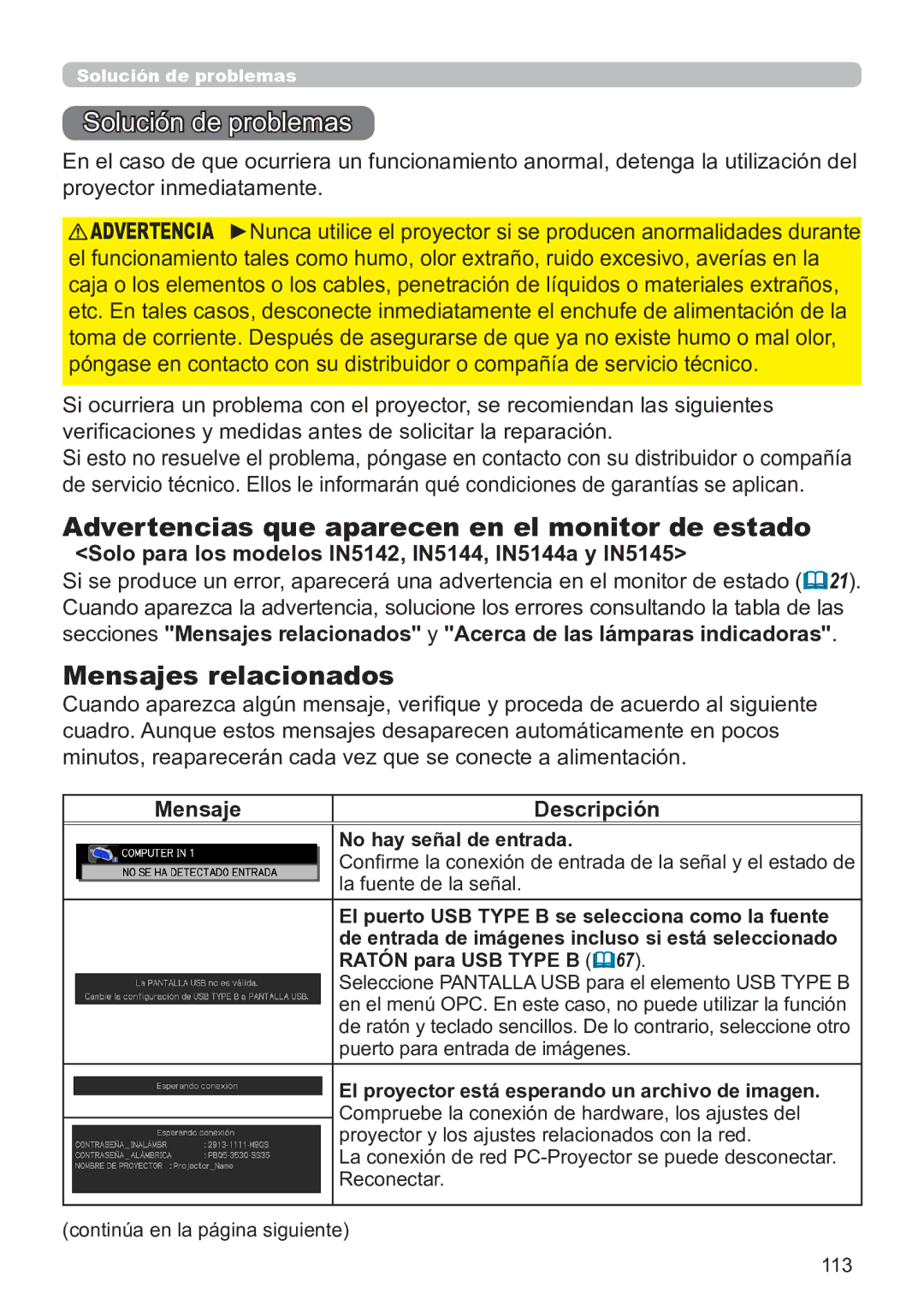 InFocus IN5134C, IN5135C Solución de problemas, Advertencias que aparecen en el monitor de estado, Mensajes relacionados 