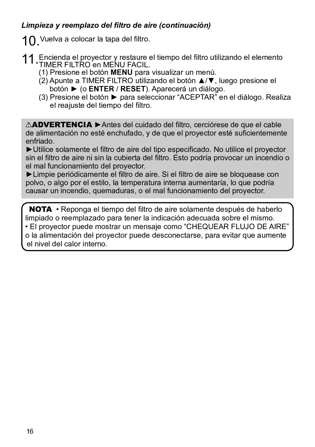 InFocus IN5135C, IN5134C, IN5132C, IN5144C, IN5142C, IN5145C user manual Limpieza y reemplazo del filtro de aire continuación 