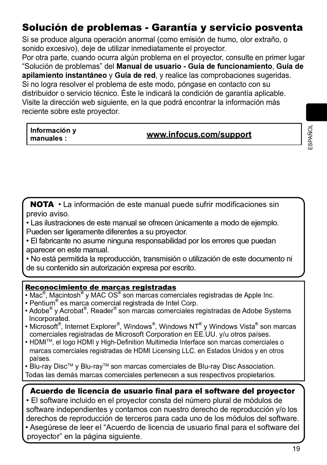 InFocus IN5144C, IN5135C, IN5134C, IN5132C Solución de problemas Garantía y servicio posventa, Información y Manuales 