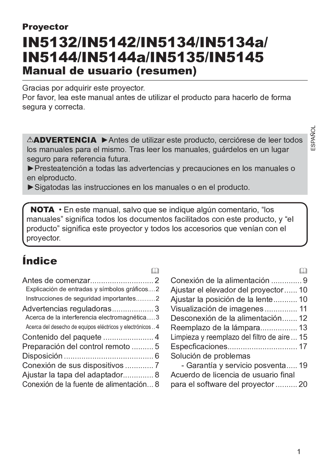 InFocus IN5144C, IN5135C, IN5134C, IN5132C, IN5142C, IN5145C Índice, Desconexión de la alimentación Reemplazo de la lámpara 