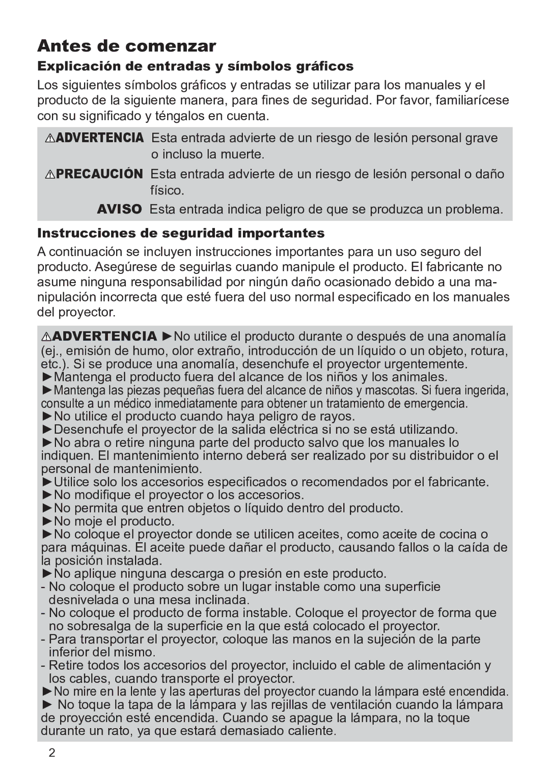 InFocus IN5142C Antes de comenzar, Explicación de entradas y símbolos gráficos, Instrucciones de seguridad importantes 