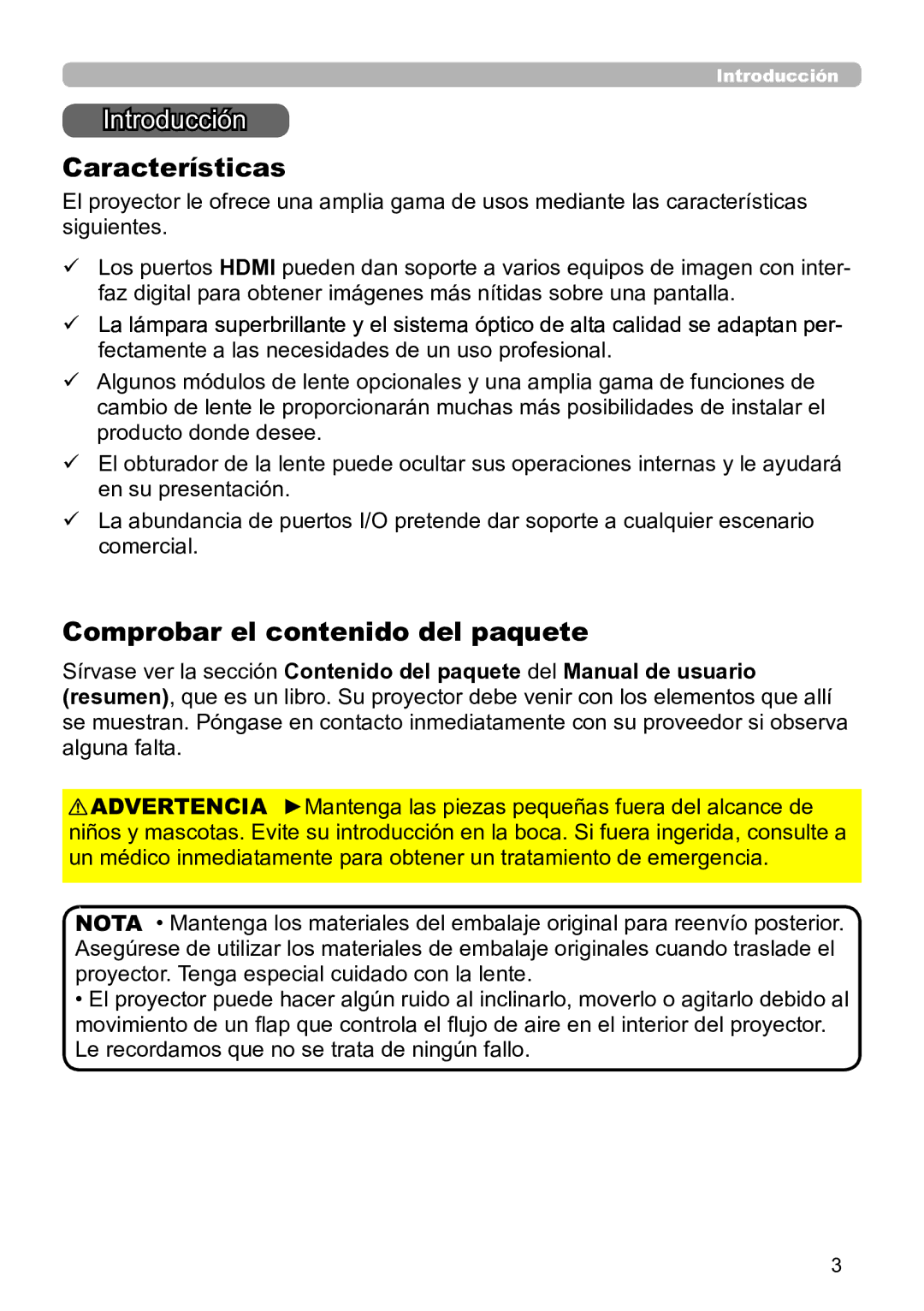 InFocus IN5145C, IN5135C, IN5134C, IN5132C, IN5144C, IN5142C Introducción, Características, Comprobar el contenido del paquete 