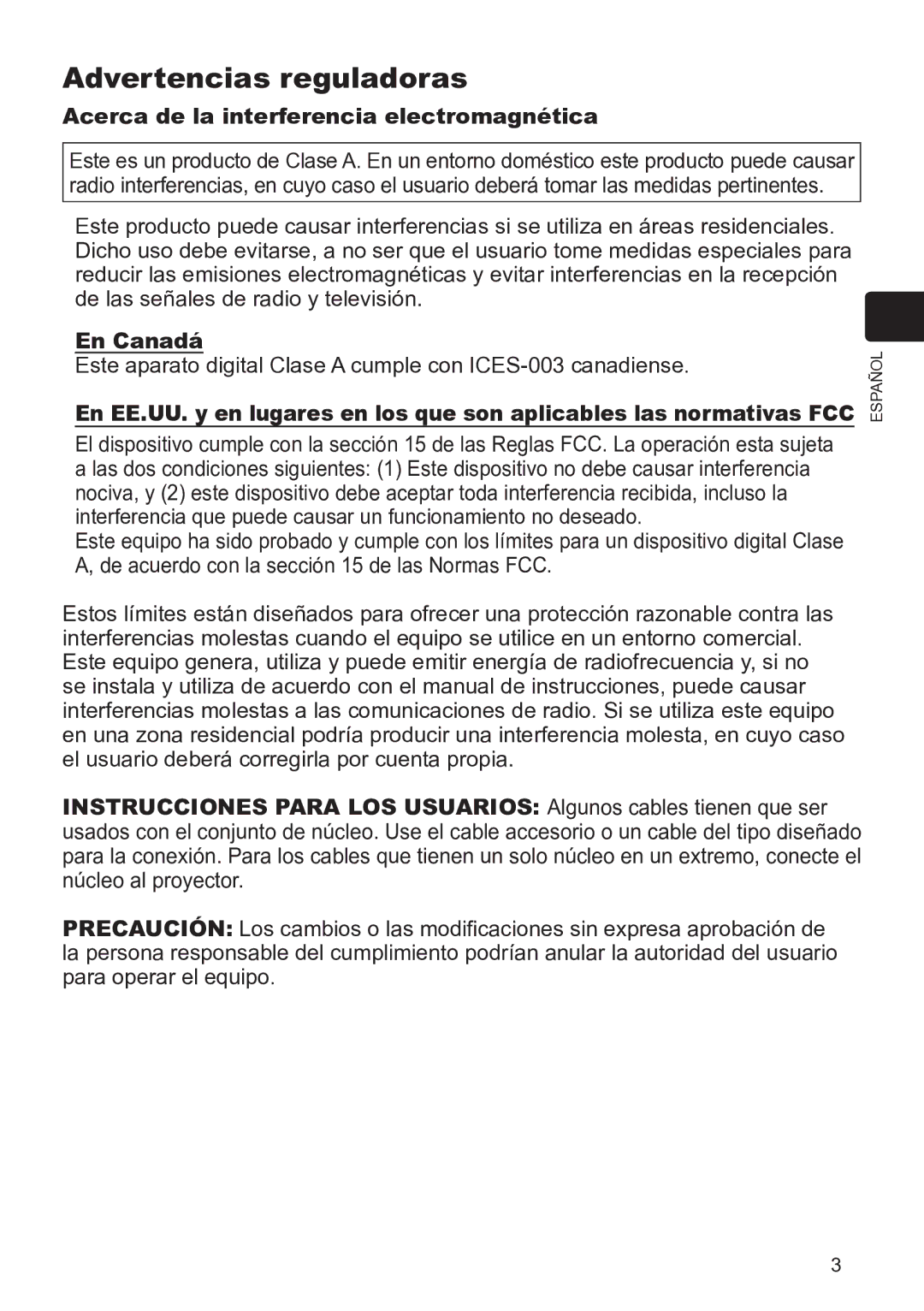 InFocus IN5145C, IN5135C, IN5134C, IN5132C Advertencias reguladoras, Acerca de la interferencia electromagnética, En Canadá 