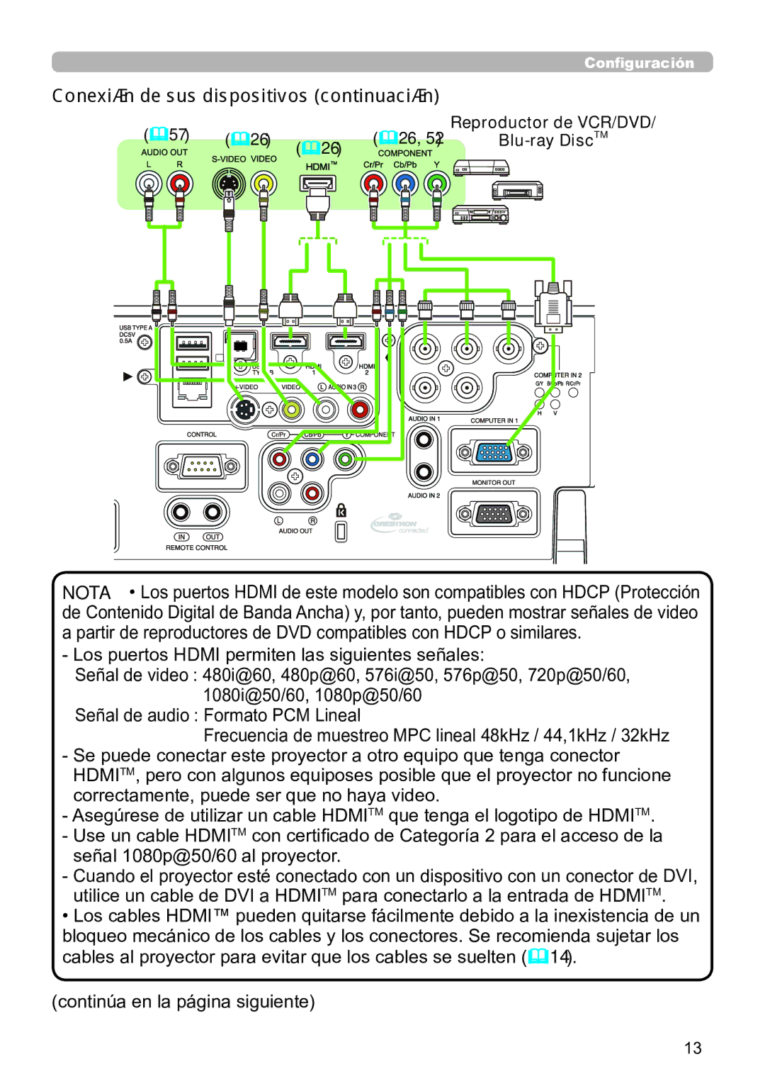 InFocus IN5144C, IN5135C, IN5134C, IN5132C, IN5142C, IN5145C user manual Reproductor de VCR/DVD, Blu-ray DiscTM 