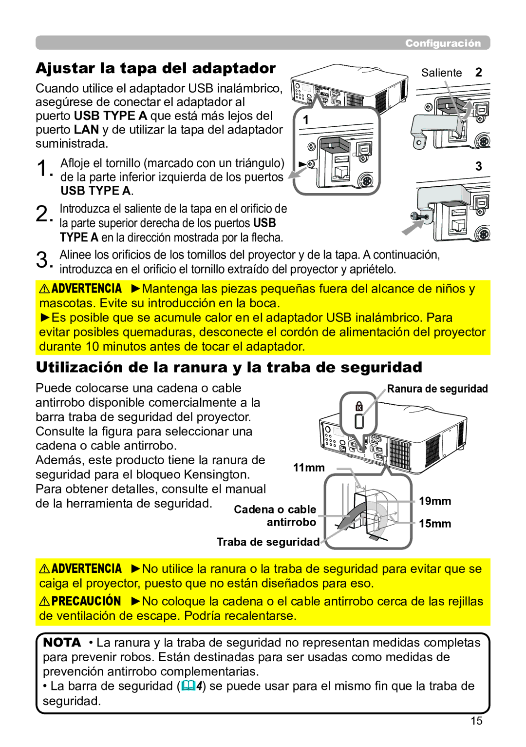 InFocus IN5145C, IN5135C, IN5134C Ajustar la tapa del adaptador, Utilización de la ranura y la traba de seguridad, 11mm 