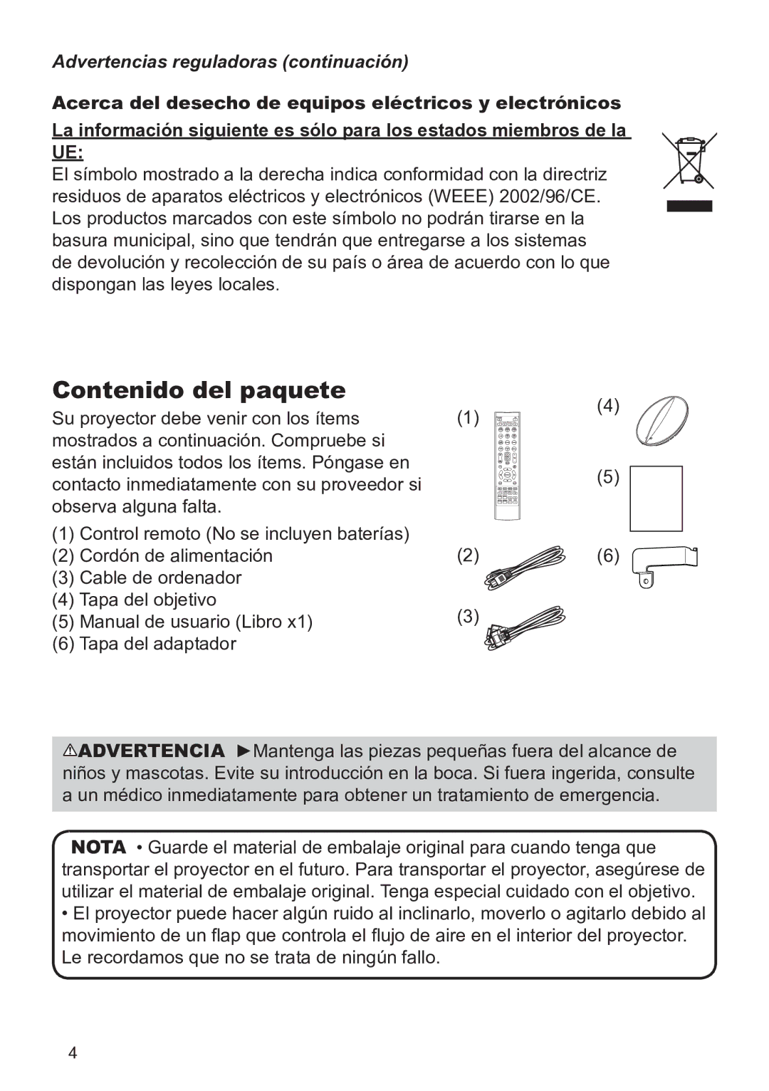 InFocus IN5135C, IN5134C, IN5132C, IN5144C, IN5142C, IN5145C Contenido del paquete, Advertencias reguladoras continuación 