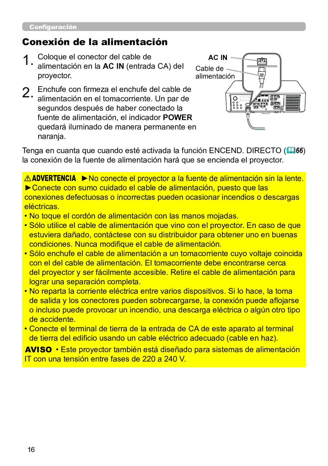 InFocus IN5135C, IN5134C, IN5132C, IN5144C, IN5142C, IN5145C user manual Naranja, Conexión de la alimentación 