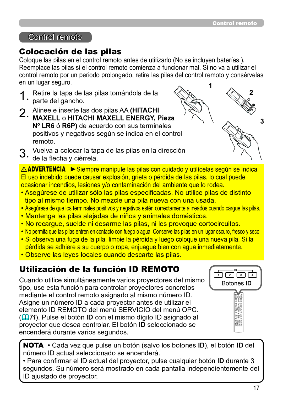 InFocus IN5134C, IN5135C, IN5132C, IN5144C Control remoto, Colocación de las pilas, Utilización de la función ID Remoto 