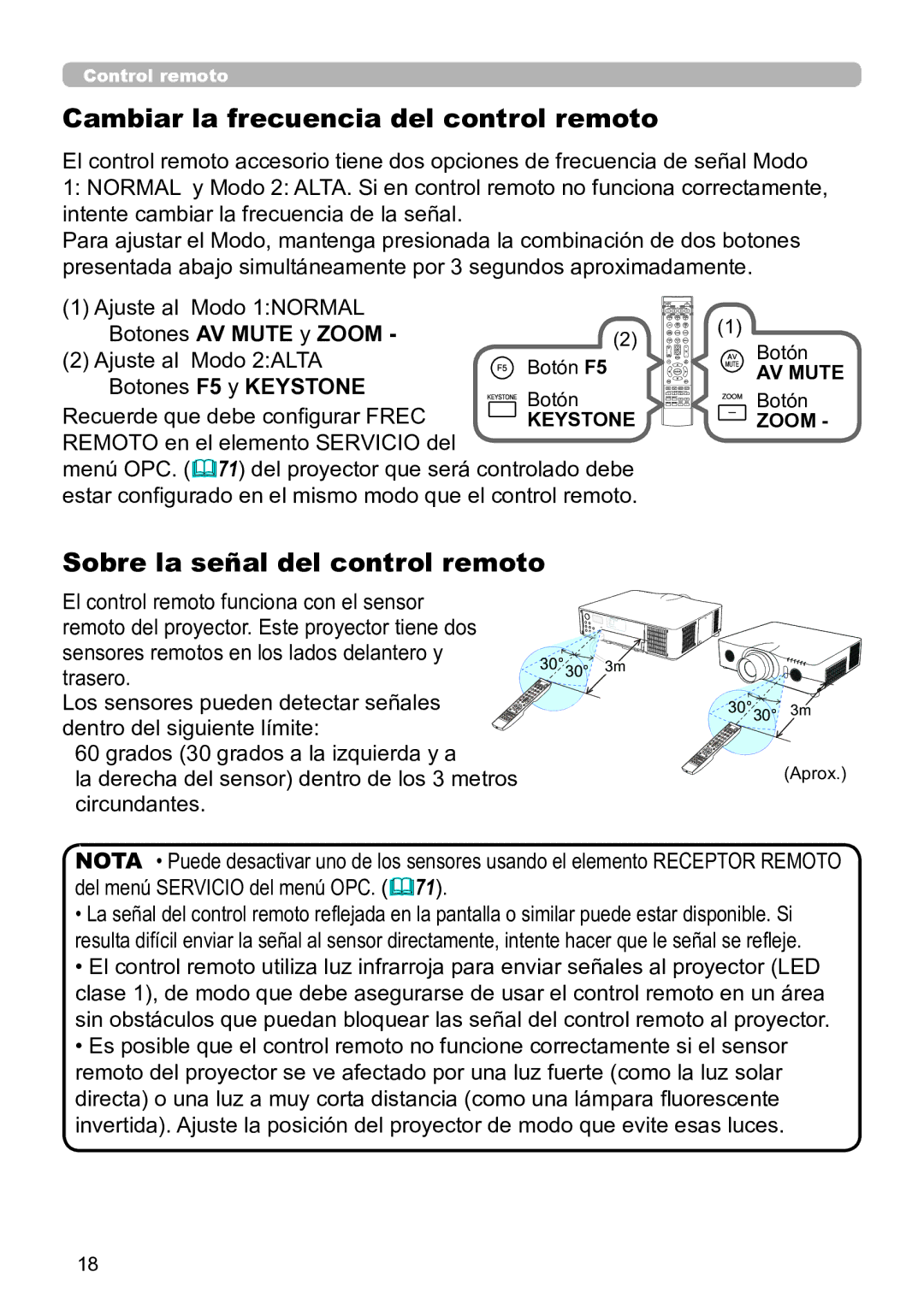 InFocus IN5132C Cambiar la frecuencia del control remoto, Sobre la señal del control remoto, Botones AV Mute y Zoom 