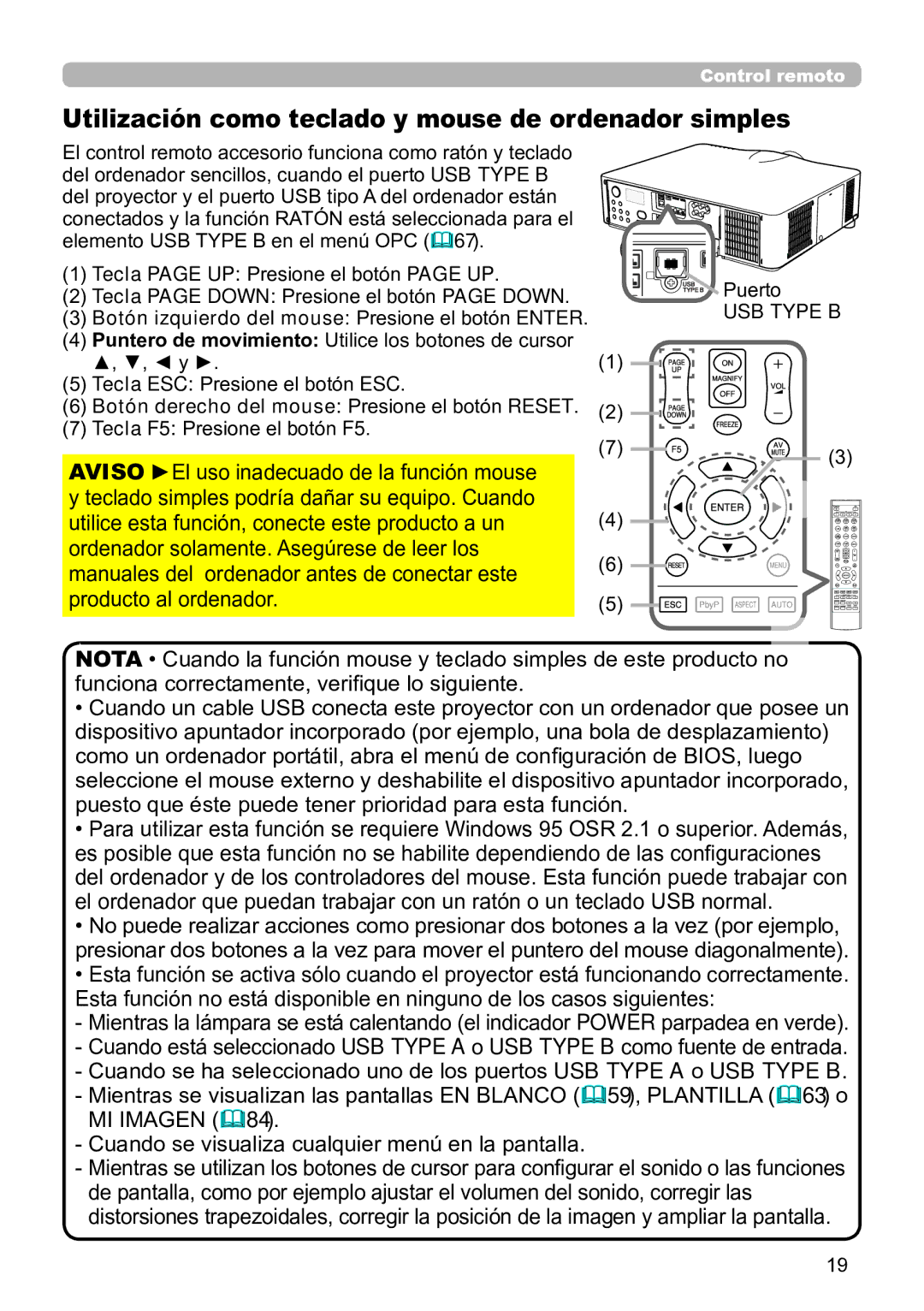 InFocus IN5144C Utilización como teclado y mouse de ordenador simples, Tecla page UP Presione el botón page UP, USB Type B 