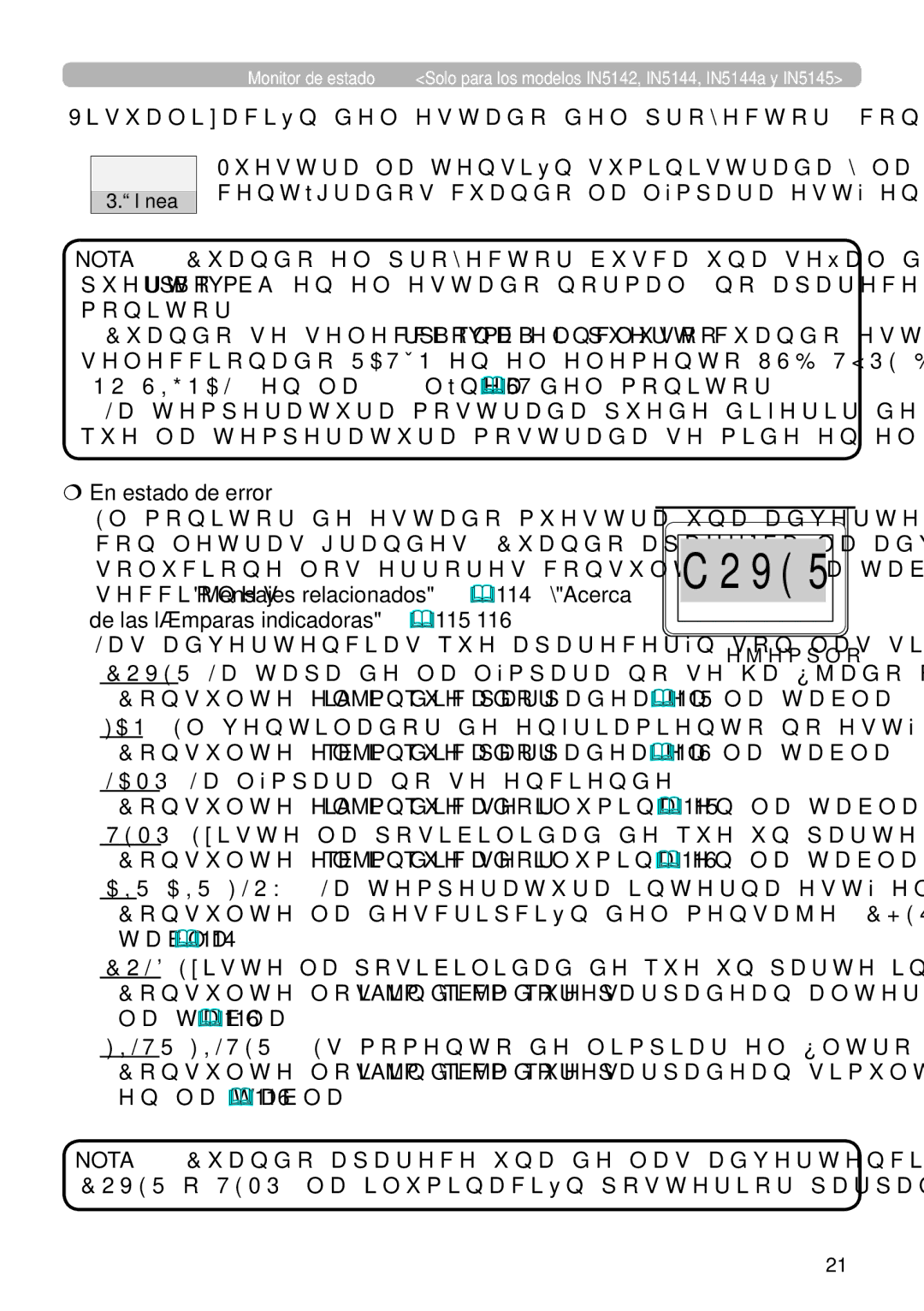 InFocus IN5145C, IN5135C, IN5134C, IN5132C, IN5144C Visualización del estado del proyector continuación,  En estado de error 