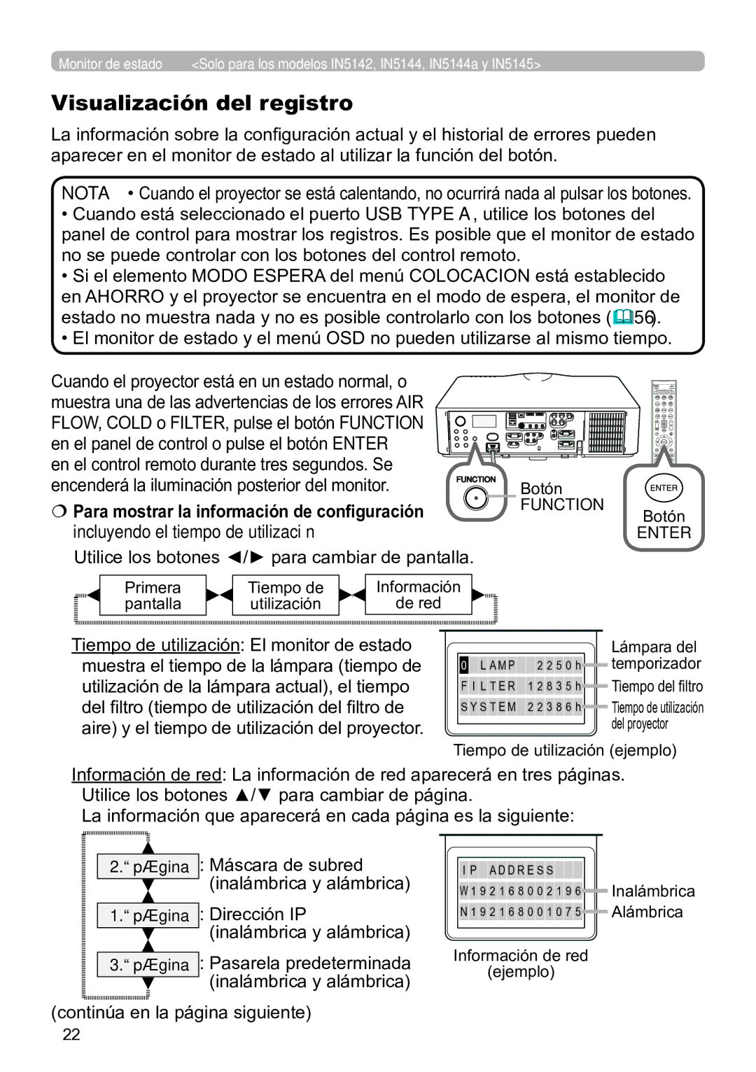 InFocus IN5135C, IN5134C, IN5132C Visualización del registro, Incluyendo el tiempo de utilización, Pasarela predeterminada 