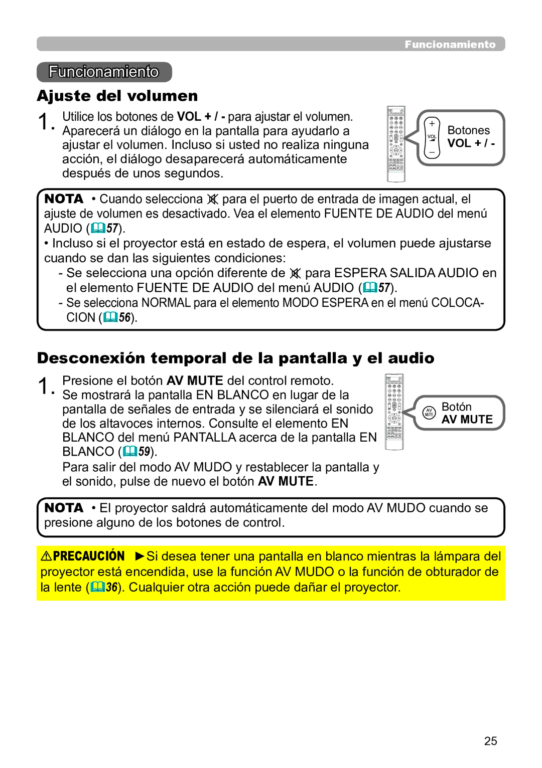 InFocus IN5144C, IN5135C, IN5134C Funcionamiento, Ajuste del volumen, Desconexión temporal de la pantalla y el audio 