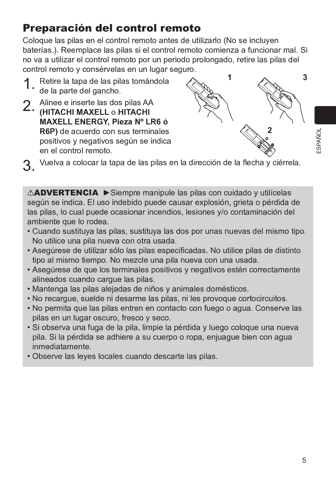 InFocus IN5134C, IN5135C, IN5132C Preparación del control remoto, Hitachi Maxell o Hitachi Maxell ENERGY, Pieza Nº LR6 ó 