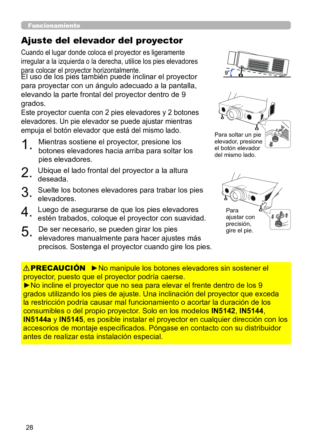 InFocus IN5135C, IN5134C, IN5132C, IN5144C, IN5142C, IN5145C user manual Ajuste del elevador del proyector 