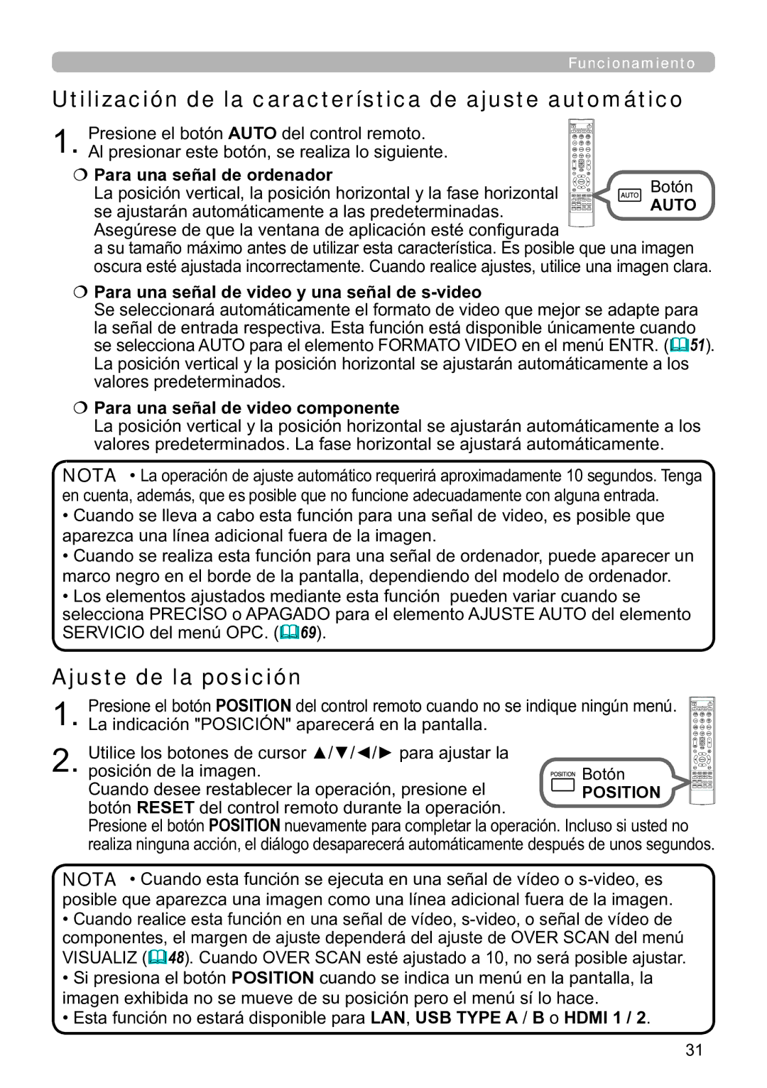 InFocus IN5144C, IN5135C, IN5134C, IN5132C Utilización de la característica de ajuste automático, Ajuste de la posición 