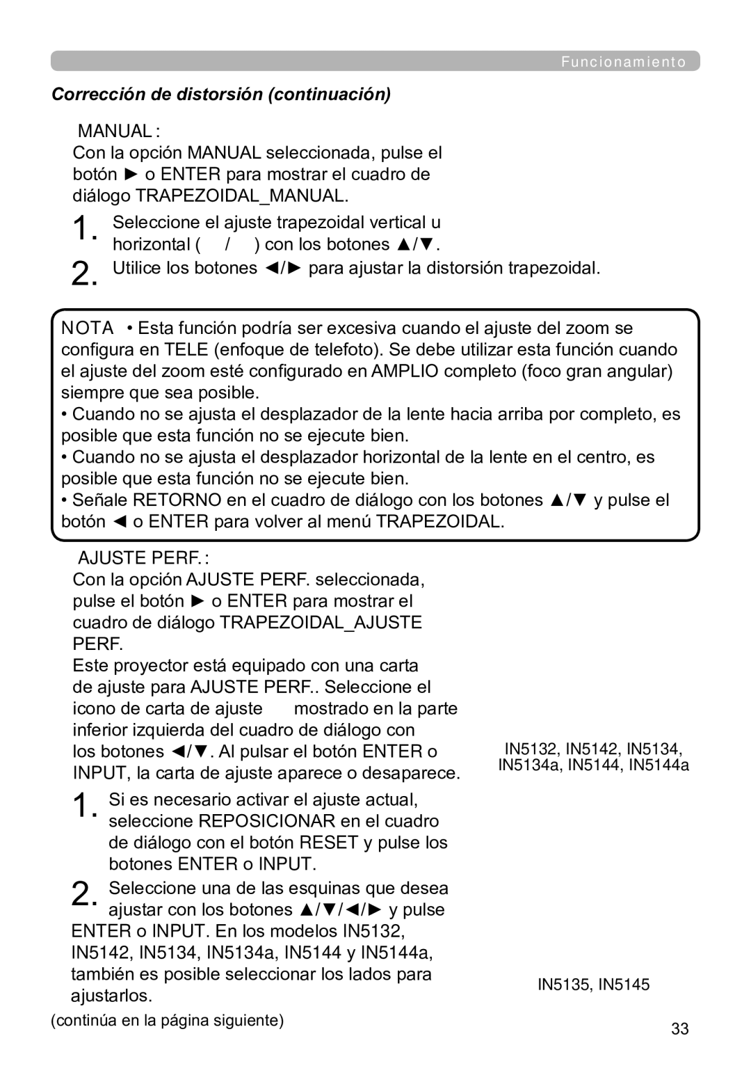InFocus IN5145C, IN5135C, IN5134C, IN5132C, IN5144C, IN5142C user manual Corrección de distorsión continuación,  Manual 