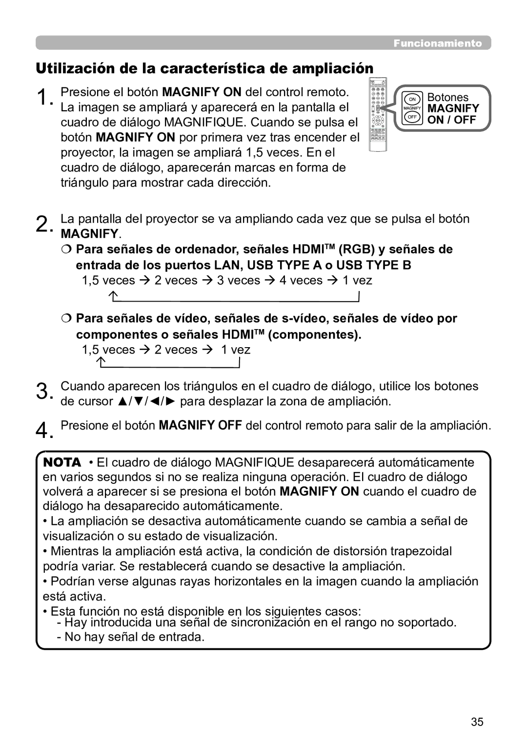 InFocus IN5134C, IN5135C Utilización de la característica de ampliación, Veces  2 veces  3 veces  4 veces  1 vez 