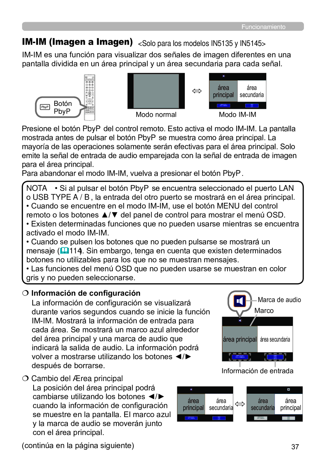 InFocus IN5144C, IN5135C IM-IM Imagen a Imagen Solo para los modelos IN5135 y IN5145,  Información de configuración, PbyP 