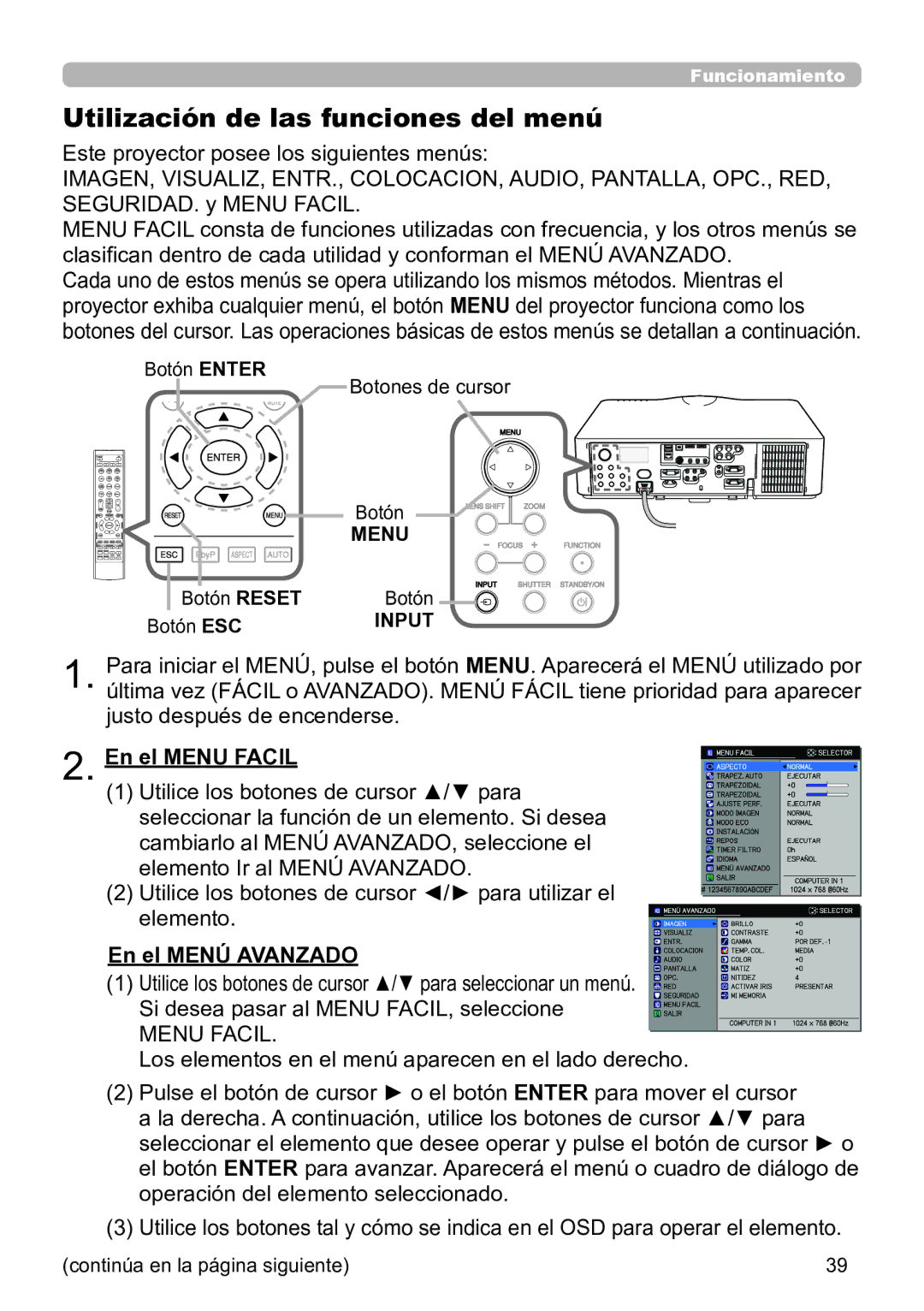 InFocus IN5145C, IN5135C, IN5134C Utilización de las funciones del menú, En el Menu Facil, En el Menú Avanzado, Input 