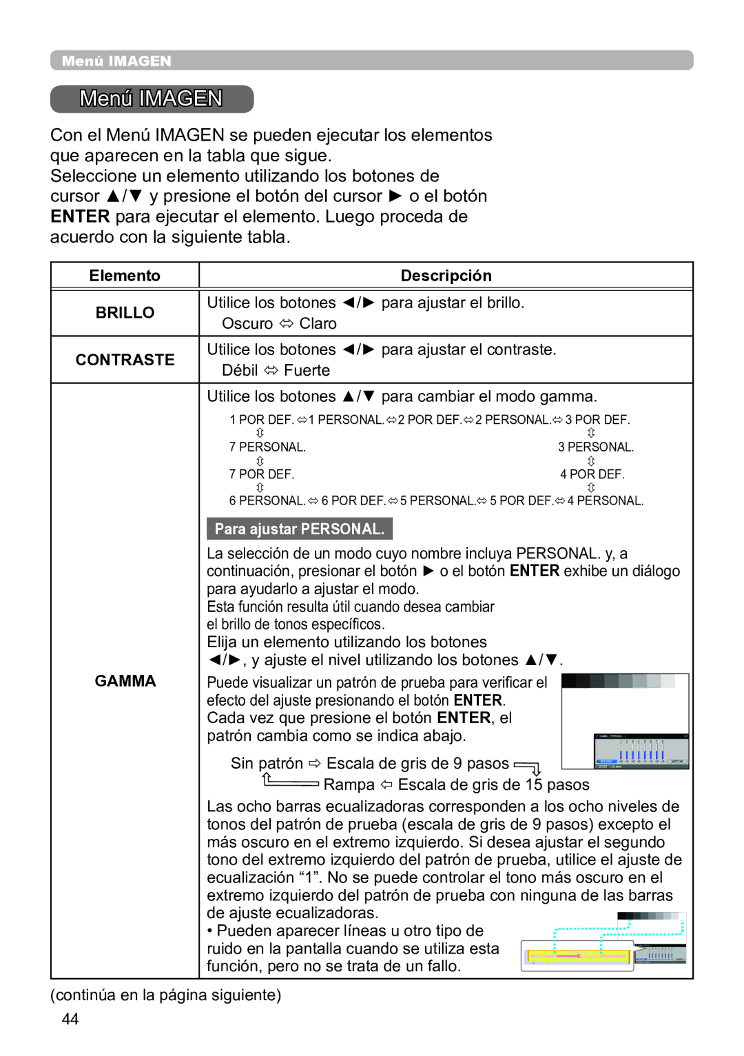 InFocus IN5142C, IN5135C, IN5134C, IN5132C, IN5144C, IN5145C user manual Menú Imagen, Brillo, Contraste, Gamma 