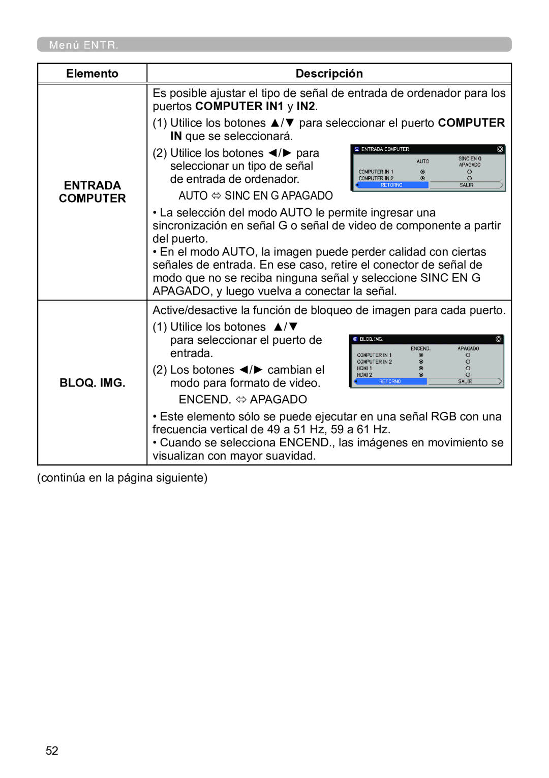 InFocus IN5135C, IN5134C, IN5132C, IN5144C, IN5142C, IN5145C user manual Puertos Computer IN1 y IN2, Entrada, Bloq. Img 