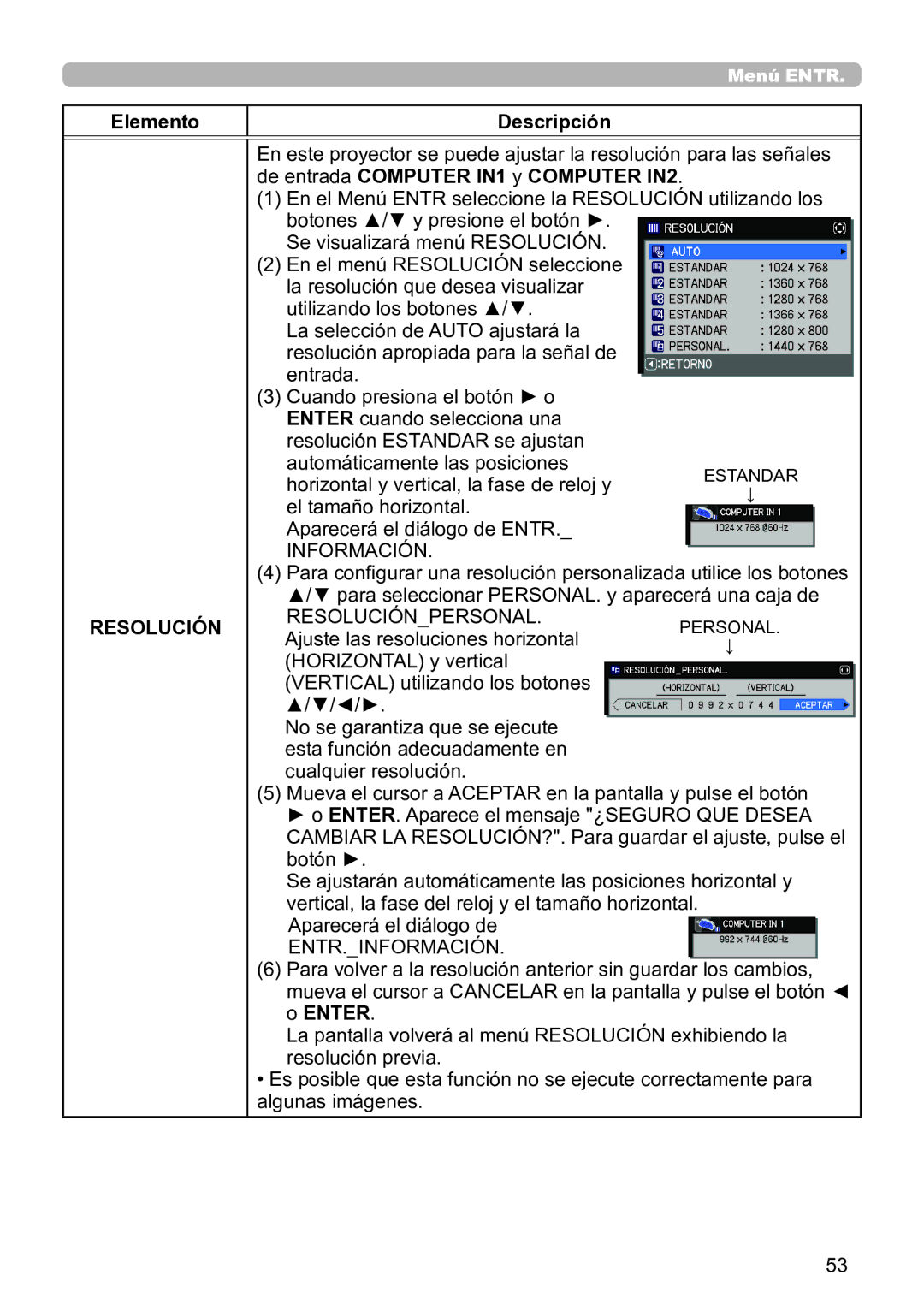 InFocus IN5134C, IN5135C, IN5132C, IN5144C Resoluciónpersonal, Ajuste las resoluciones horizontal, Entr.Información 