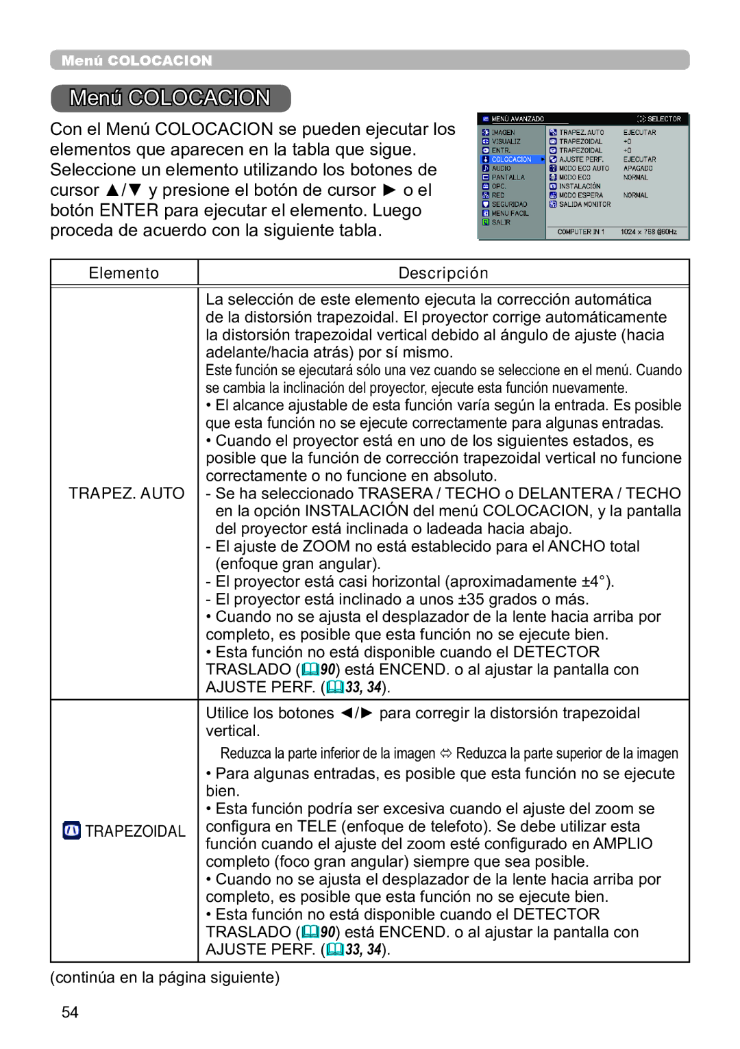 InFocus IN5132C, IN5135C, IN5134C, IN5144C, IN5142C, IN5145C user manual Menú Colocacion 