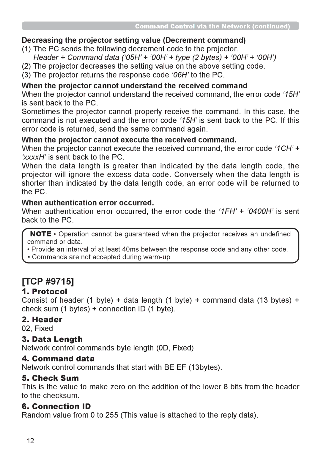 InFocus IN5542C, IN5544C user manual TCP #9715, When authentication error occurred, Data Length, Check Sum, Connection ID 