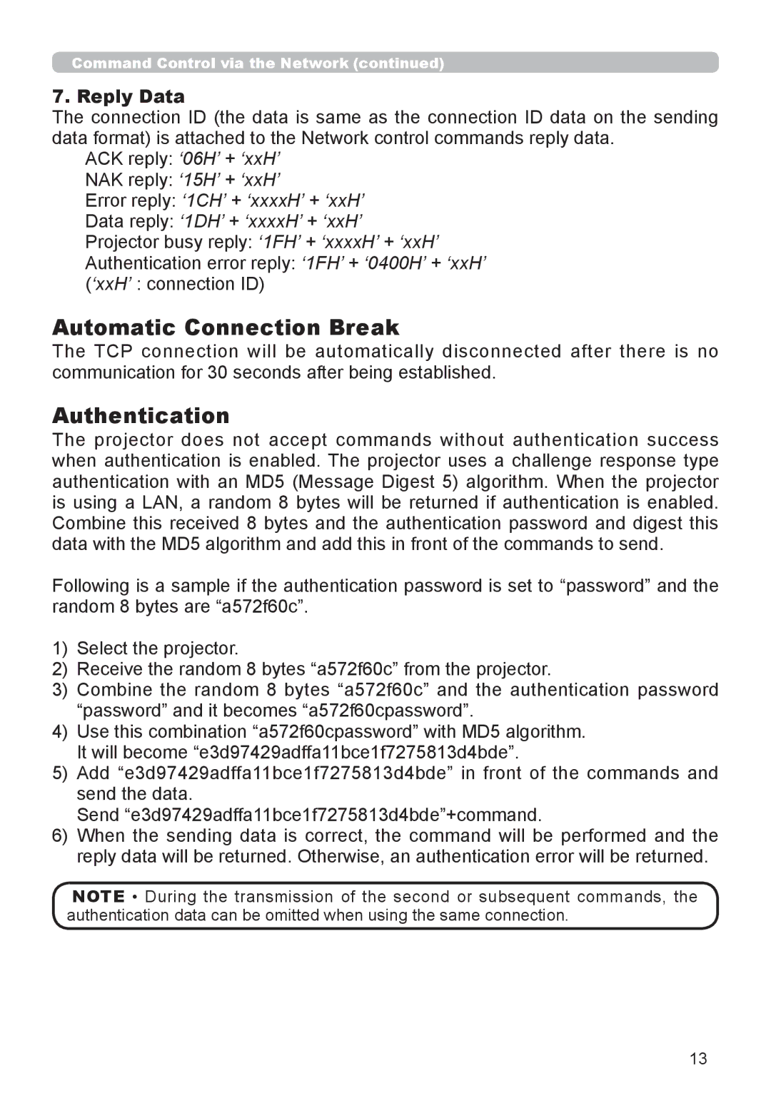 InFocus IN5542C, IN5544C user manual Automatic Connection Break, Authentication, Reply Data 