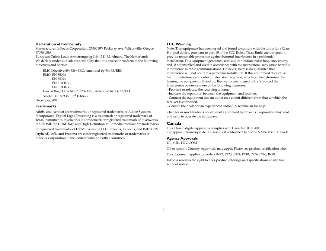 InFocus IN70 SERIES manual Canada, Declaration of Conformity, Trademarks, FCC Warning, Agency Approvals 