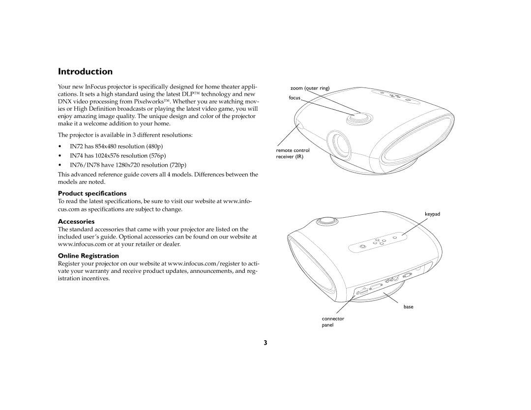 InFocus IN70 SERIES manual Introduction, Product specifications Accessories Online Registration 