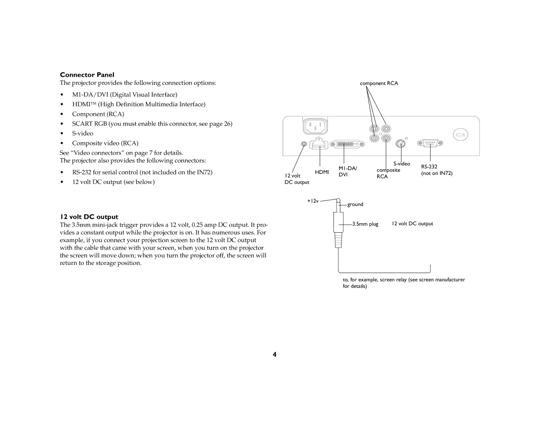 InFocus IN70 SERIES manual Connector Panel, Volt DC output 