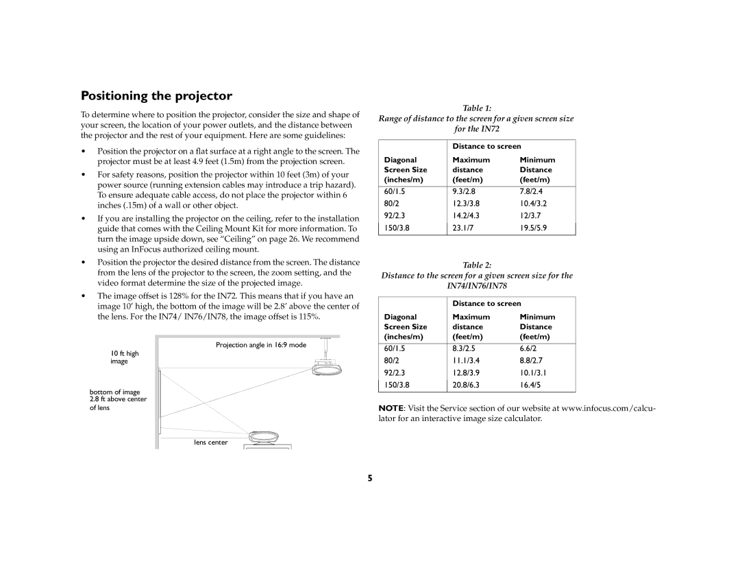 InFocus IN70 SERIES manual Positioning the projector, 60/1.5, 2.4 80/2, 10.4/3.2 92/2.3, 12/3.7 150/3.8 23.1/7 19.5/5.9 