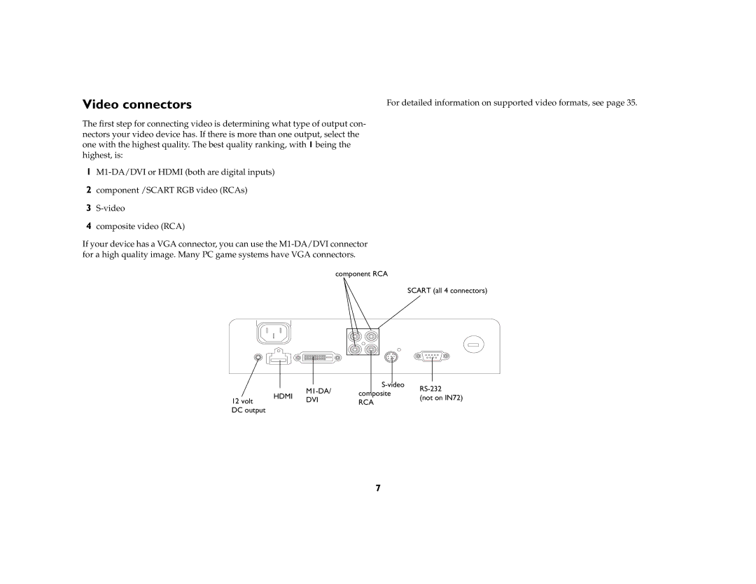 InFocus IN70 SERIES manual Video connectors 