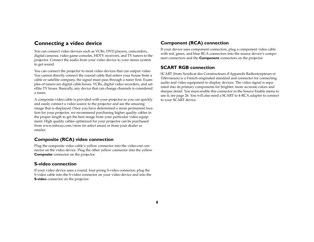 InFocus IN70 SERIES Connecting a video device, Composite RCA video connection, Video connection, Component RCA connection 