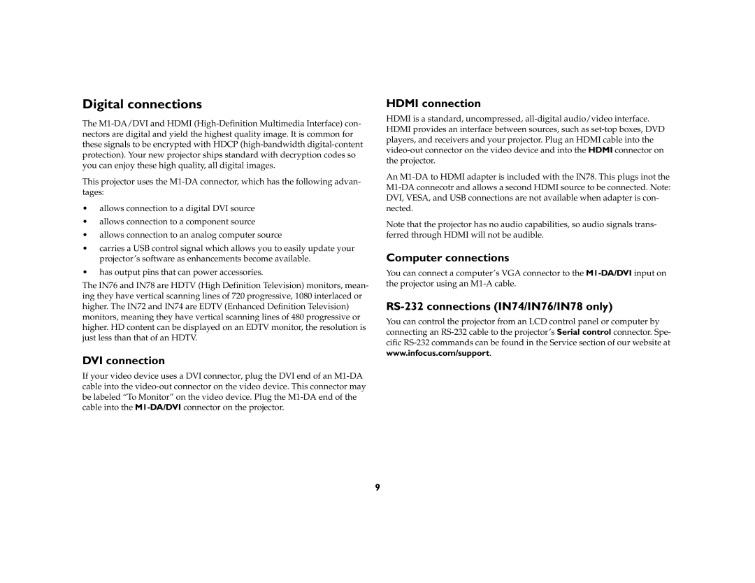 InFocus IN70 SERIES manual Digital connections, DVI connection, Hdmi connection, Computer connections 