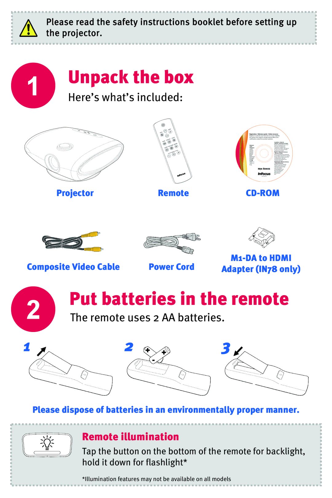 InFocus IN70 SERIES manual Put batteries in the remote 