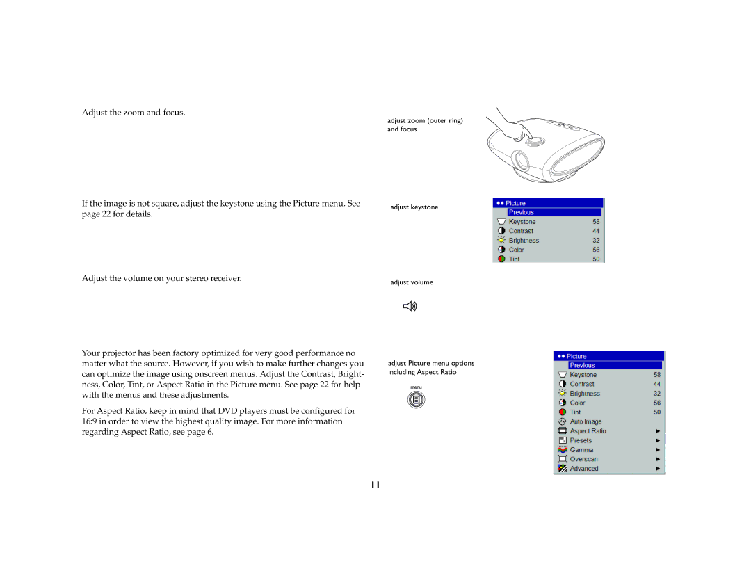 InFocus IN70 SERIES manual Adjust Picture menu options including Aspect Ratio 