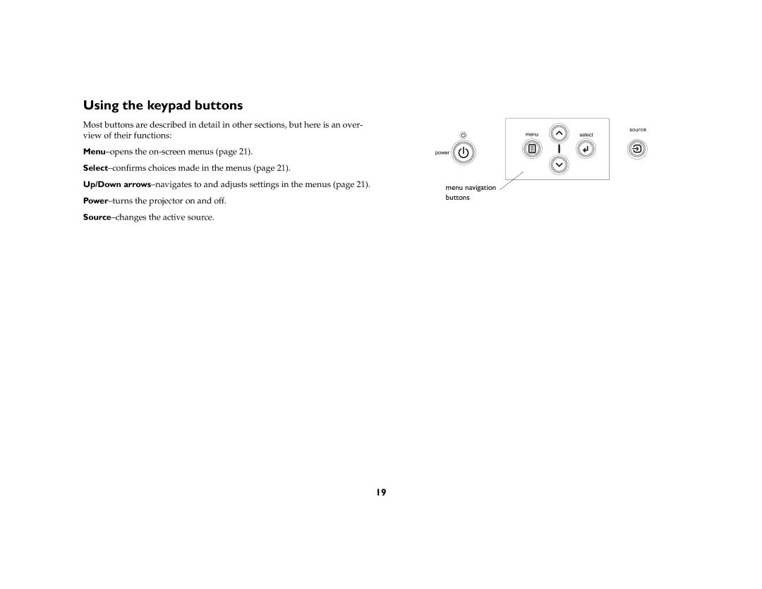 InFocus IN70 SERIES manual Using the keypad buttons 