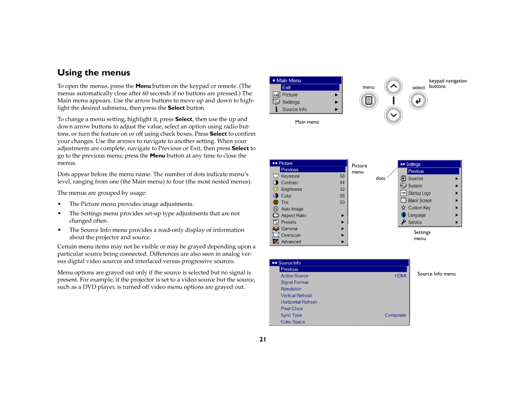 InFocus IN70 SERIES manual Using the menus 