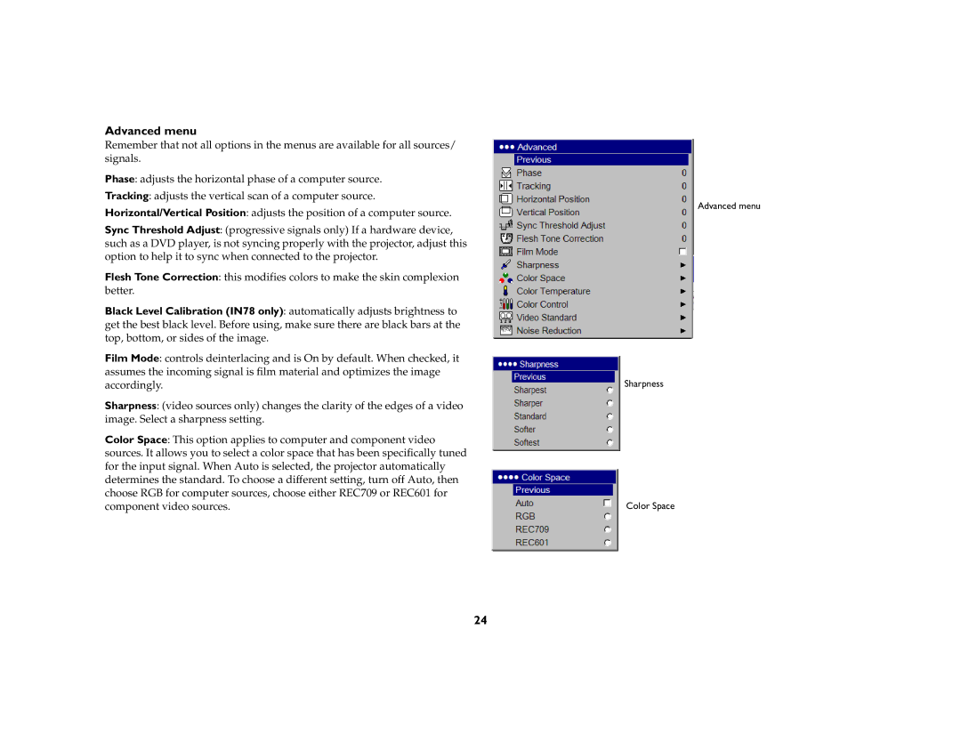 InFocus IN70 SERIES manual Advanced menu 