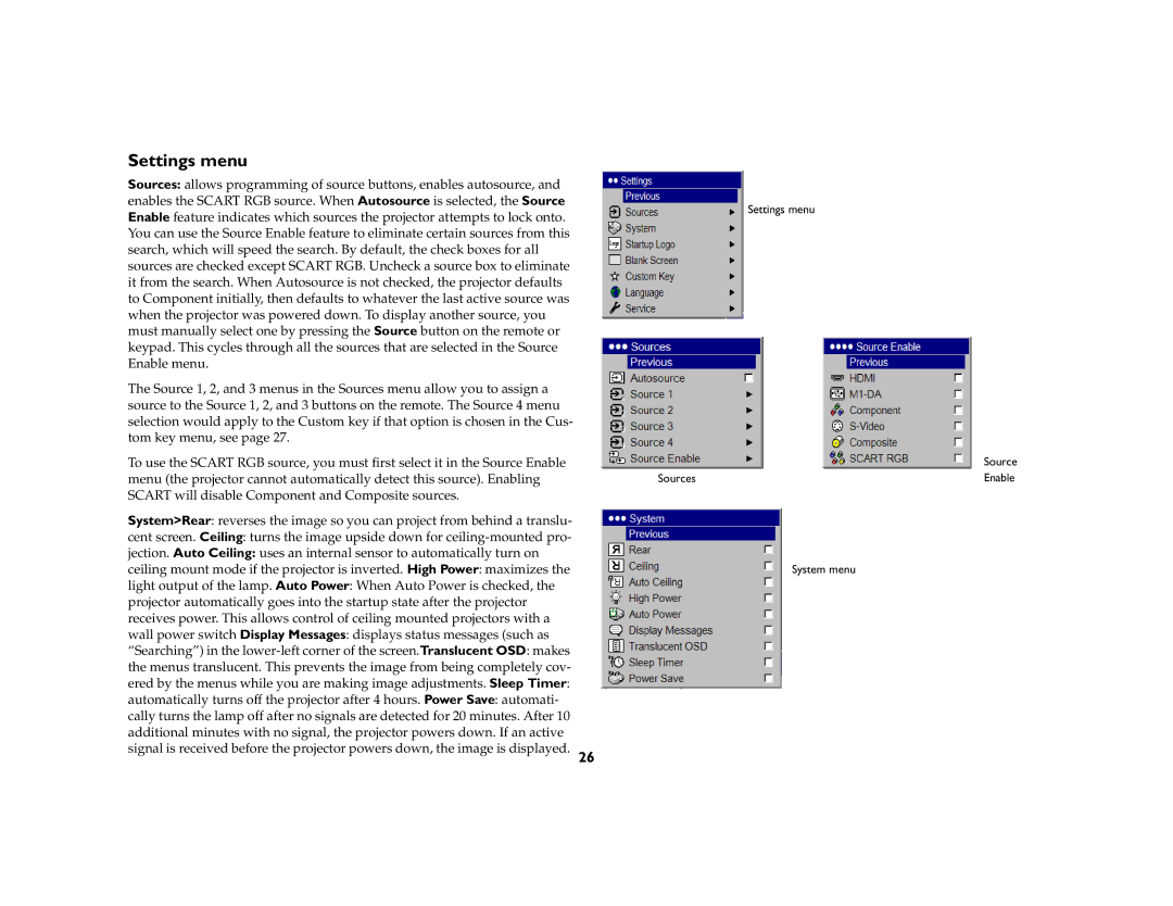 InFocus IN70 SERIES manual Settings menu 