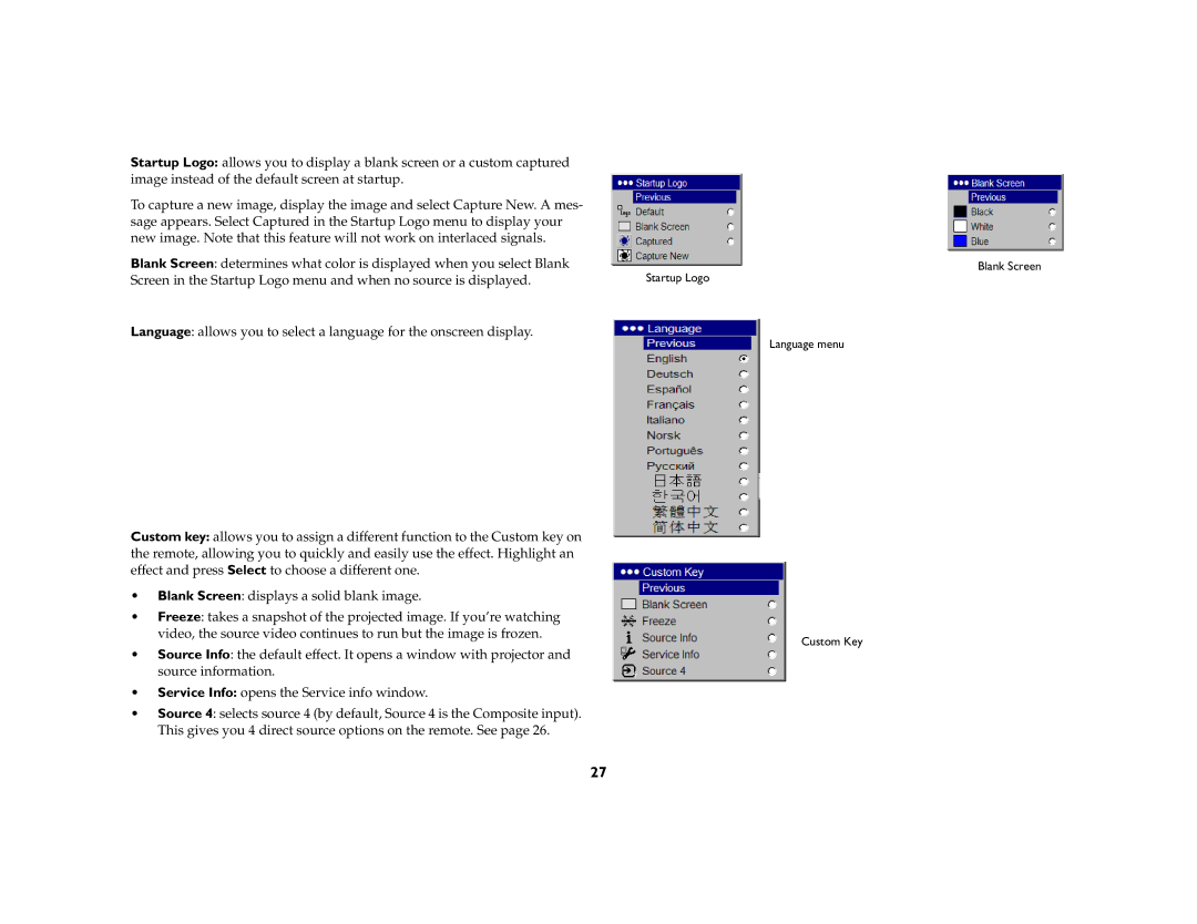 InFocus IN70 SERIES manual Startup Logo Language menu Custom Key Blank Screen 