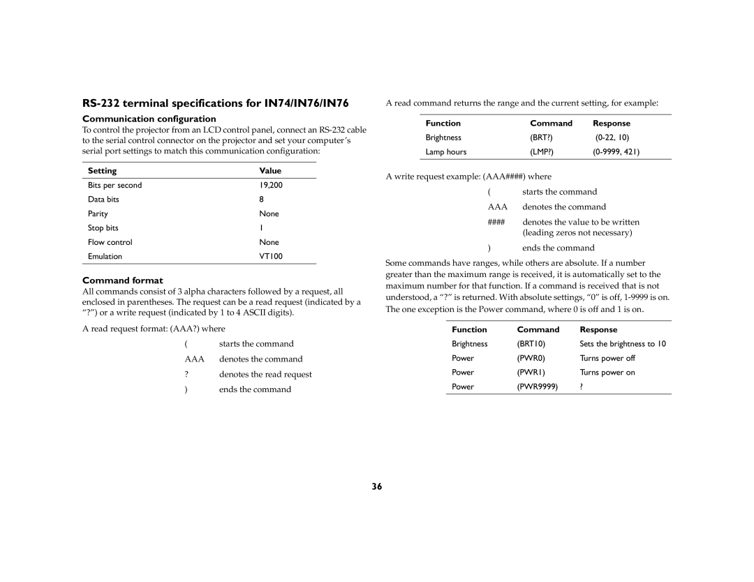 InFocus IN70 SERIES manual RS-232 terminal specifications for IN74/IN76/IN76, Communication configuration, Command format 