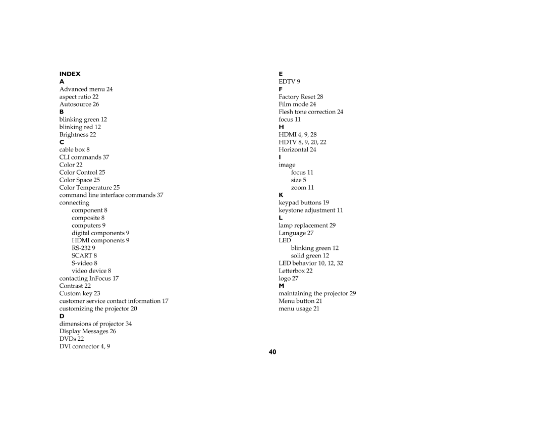 InFocus IN70 SERIES manual Index 